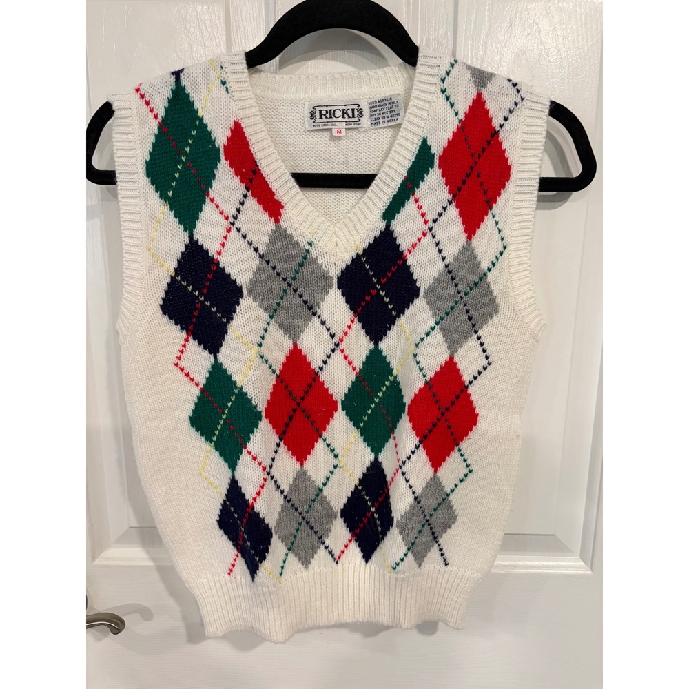 Vintage Men's Unisex Ricki Size Medium Argyle Sweater Vest Golf Preppy Grandpa